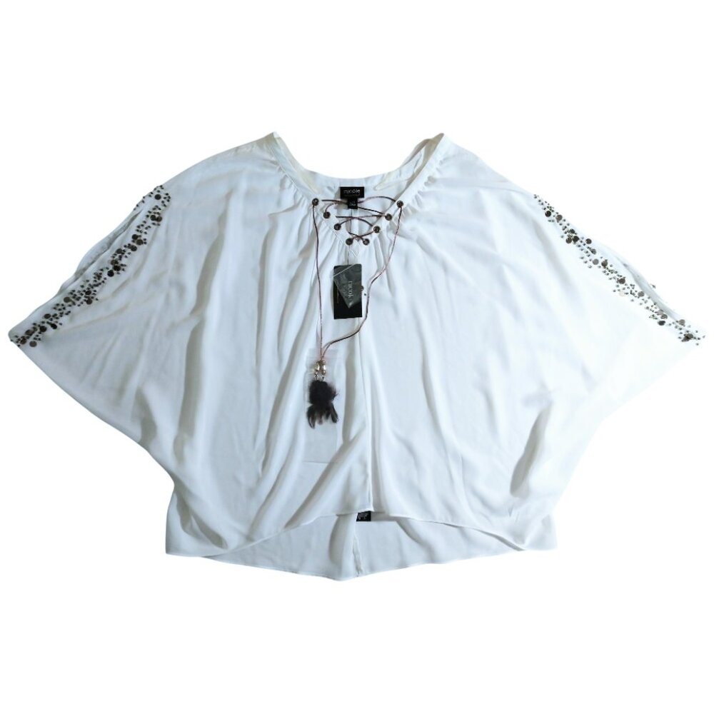 Nicole Miller Women's White Batwing Tunic Blouse Embellished Sleeves L Large